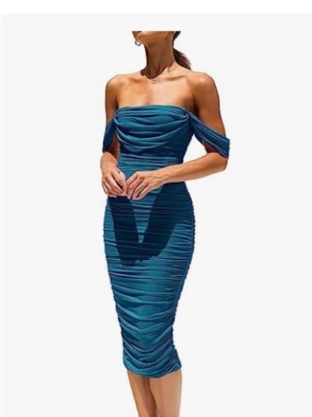 Off-Shoulder Teal Ruched Midi Dress